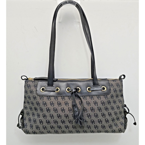 Dooney & Bourke Designer Black Gray Logo Leather Canvas Handbag Purse Bag Women - Picture 1 of 14